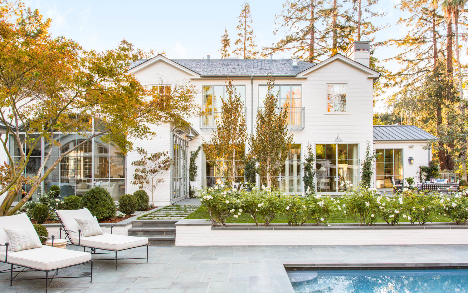 Exterior at the Barnett residence in Atherton, CA.  Architecture and interior design by Brooke and Steve Giannetti.